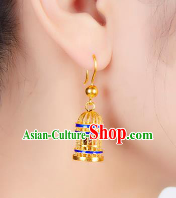 China Traditional Blueing Ear Jewelry Accessories Ancient Empress Golden Birdcage Earrings