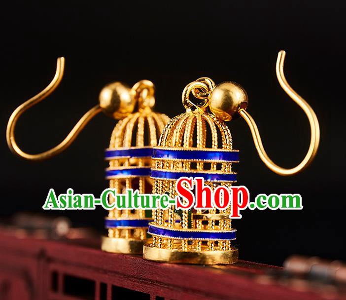 China Traditional Blueing Ear Jewelry Accessories Ancient Empress Golden Birdcage Earrings
