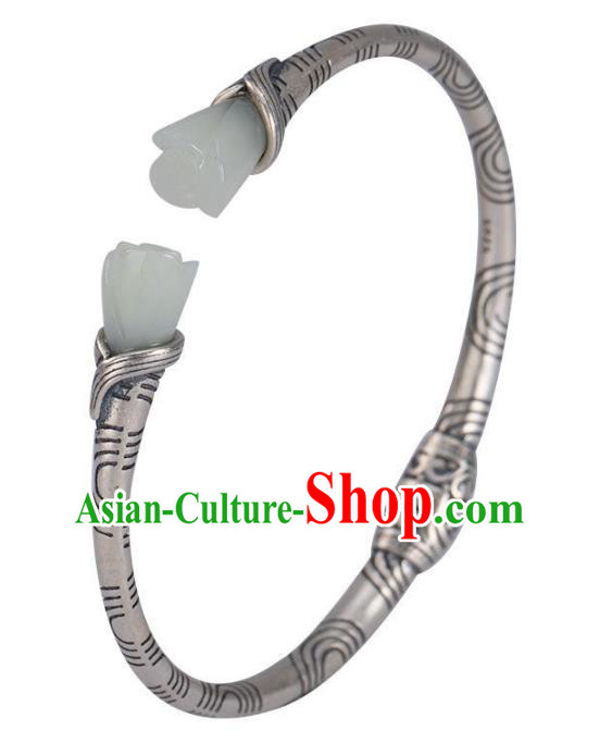 China Handmade Jade Mangnolia Bracelet Accessories Traditional Silver Bangle Jewelry
