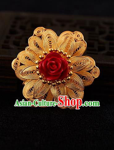 China Handmade Lacquerware Carving Rose Brooch Accessories Traditional Golden Necklace Pendant Jewelry