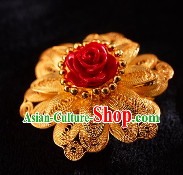 China Handmade Lacquerware Carving Rose Brooch Accessories Traditional Golden Necklace Pendant Jewelry