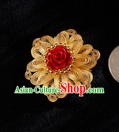 China Handmade Lacquerware Carving Rose Brooch Accessories Traditional Golden Necklace Pendant Jewelry