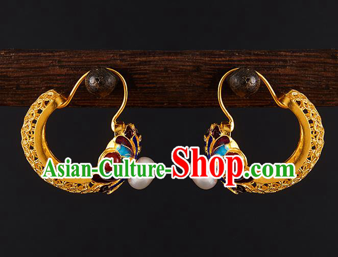 China Traditional Qing Dynasty Blueing Pearls Ear Jewelry Accessories Ancient Empress Golden Earrings