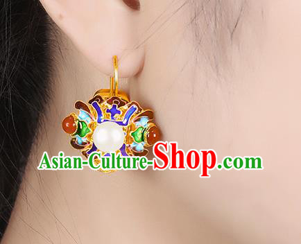 China Traditional Qing Dynasty Blueing Pearls Ear Jewelry Accessories Ancient Empress Golden Earrings