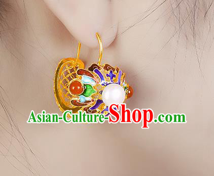 China Traditional Qing Dynasty Blueing Pearls Ear Jewelry Accessories Ancient Empress Golden Earrings