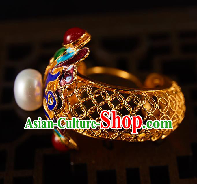 China Traditional Qing Dynasty Blueing Pearls Ear Jewelry Accessories Ancient Empress Golden Earrings