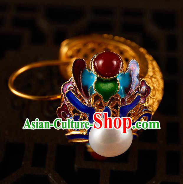 China Traditional Qing Dynasty Blueing Pearls Ear Jewelry Accessories Ancient Empress Golden Earrings