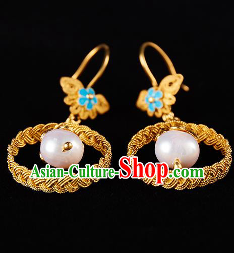 China Traditional Qing Dynasty Golden Ear Jewelry Accessories Ancient Empress Pearl Earrings