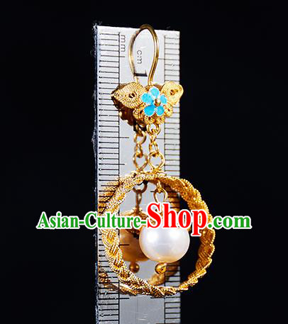 China Traditional Qing Dynasty Golden Ear Jewelry Accessories Ancient Empress Pearl Earrings