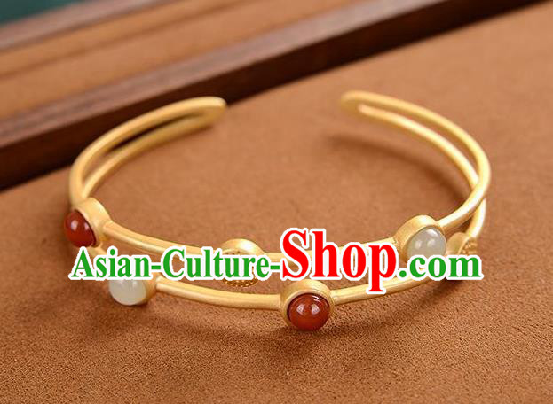 China Handmade White Chalcedony Bracelet Accessories Traditional Golden Bangle Jewelry