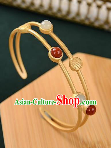 China Handmade White Chalcedony Bracelet Accessories Traditional Golden Bangle Jewelry