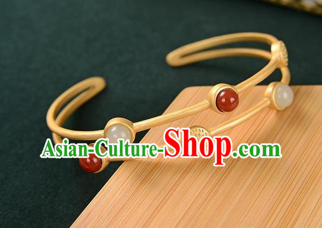 China Handmade White Chalcedony Bracelet Accessories Traditional Golden Bangle Jewelry
