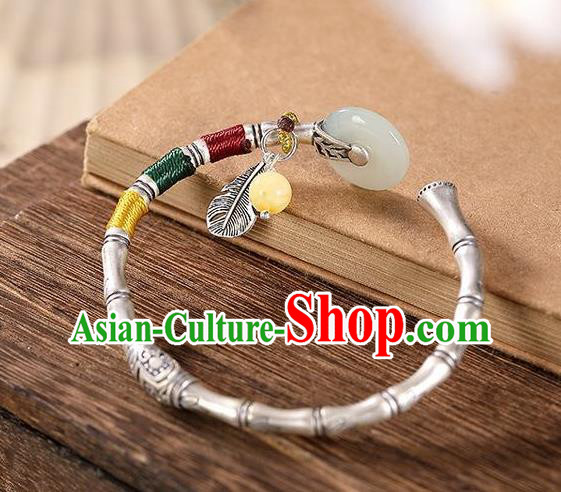 China Handmade Jade Peace Buckle Bracelet Accessories Traditional Silver Bamboo Bangle Jewelry
