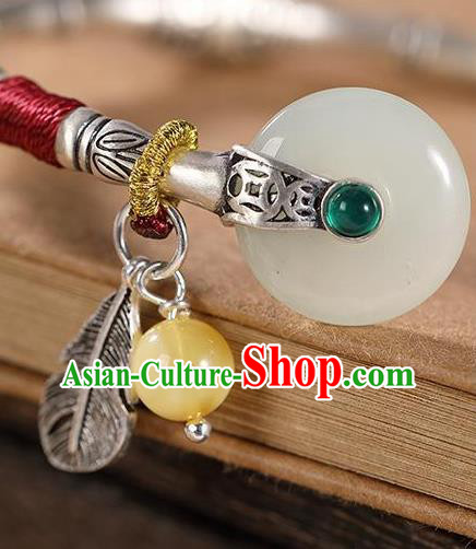 China Handmade Jade Peace Buckle Bracelet Accessories Traditional Silver Bamboo Bangle Jewelry