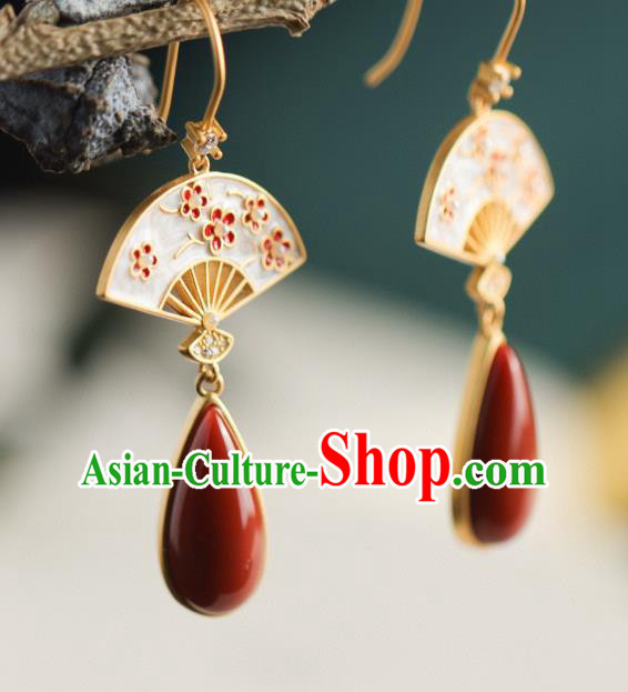 China Traditional Plum Fan Ear Jewelry Accessories Classical Cheongsam Agate Earrings