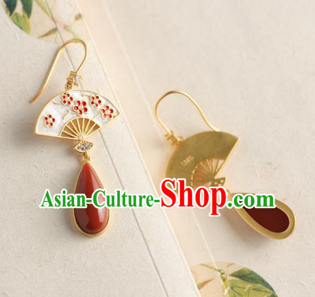 China Traditional Plum Fan Ear Jewelry Accessories Classical Cheongsam Agate Earrings