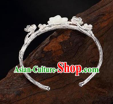 China Handmade Silver Bracelet Accessories Traditional White Jade Plum Bangle Jewelry