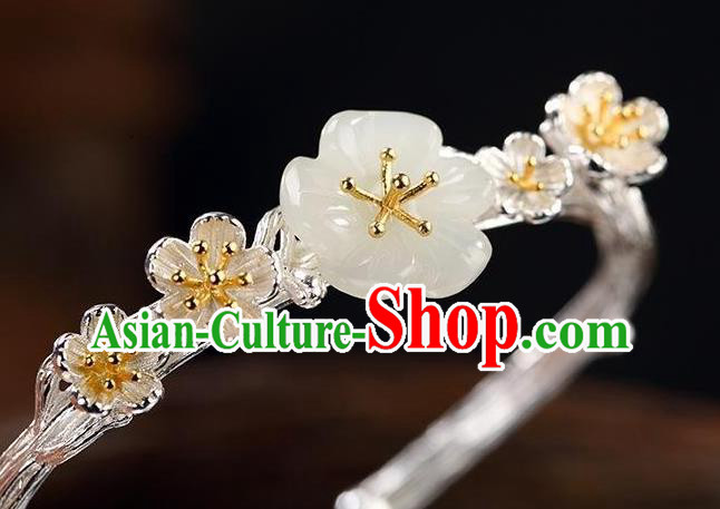 China Handmade Silver Bracelet Accessories Traditional White Jade Plum Bangle Jewelry