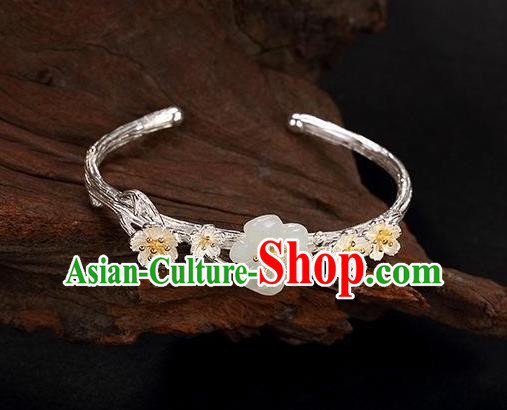 China Handmade Silver Bracelet Accessories Traditional White Jade Plum Bangle Jewelry