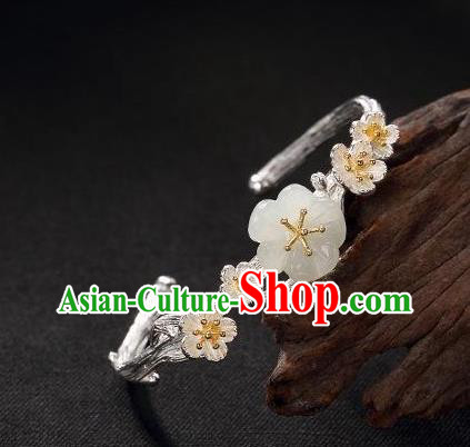 China Handmade Silver Bracelet Accessories Traditional White Jade Plum Bangle Jewelry
