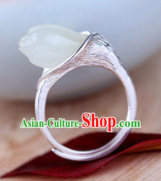 Chinese Handmade Jade Mangnolia Ring Jewelry Accessories Classical National Silver Circlet