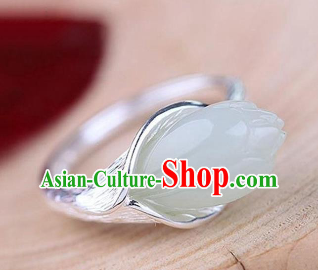 Chinese Handmade Jade Mangnolia Ring Jewelry Accessories Classical National Silver Circlet