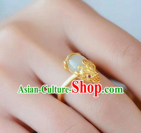 Chinese Handmade Jade Ring Jewelry Accessories Classical National Golden Pi Xiu Circlet