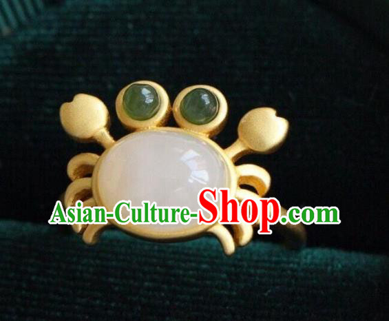 Chinese Classical National White Jade Circlet Handmade Jewelry Accessories Golden Crab Ring