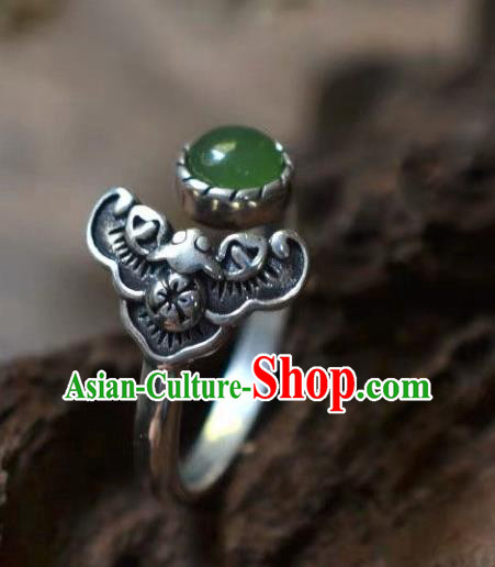 Chinese Classical National Silver Bat Circlet Handmade Jewelry Accessories Chrysoprase Ring