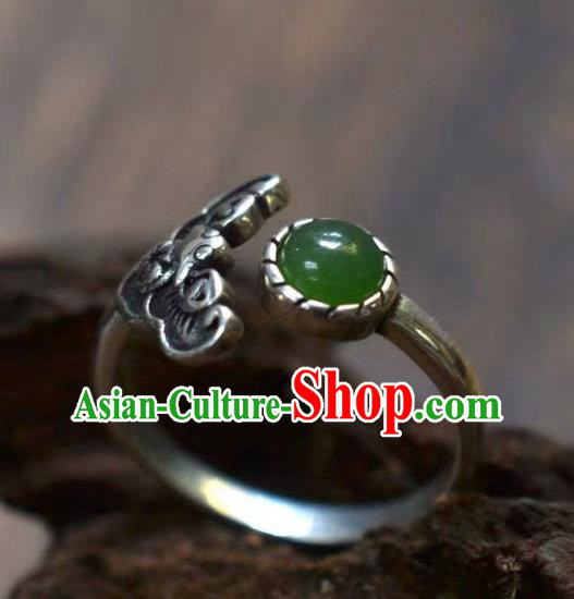 Chinese Classical National Silver Bat Circlet Handmade Jewelry Accessories Chrysoprase Ring