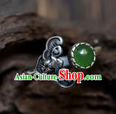 Chinese Classical National Silver Bat Circlet Handmade Jewelry Accessories Chrysoprase Ring