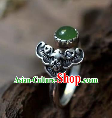 Chinese Classical National Silver Bat Circlet Handmade Jewelry Accessories Chrysoprase Ring