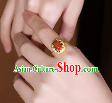 Chinese Classical Pearls Golden Circlet Handmade Jewelry Accessories National Enamel Red Ring