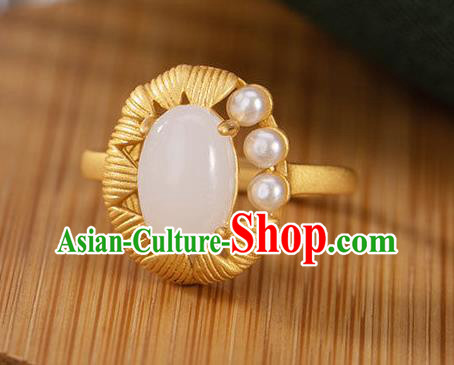 Chinese Classical White Chalcedony Circlet Handmade Jewelry Accessories National Pearls Golden Ring