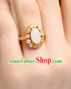 Chinese Classical White Chalcedony Circlet Handmade Jewelry Accessories National Pearls Golden Ring