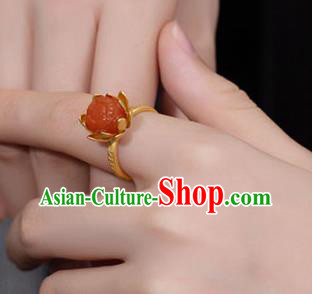 Chinese Classical Agate Lotus Circlet Handmade Jewelry Accessories National Golden Ring