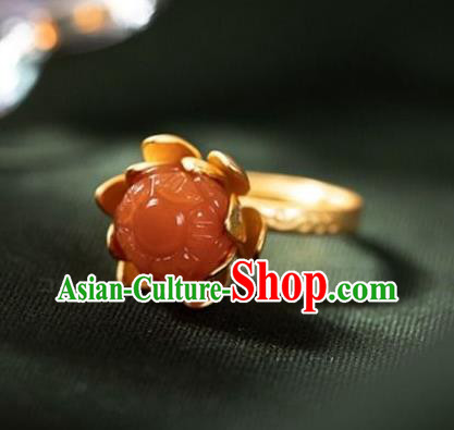 Chinese Classical Agate Lotus Circlet Handmade Jewelry Accessories National Golden Ring