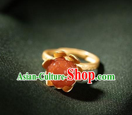 Chinese Classical Agate Lotus Circlet Handmade Jewelry Accessories National Golden Ring