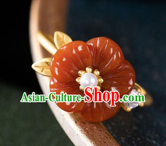Chinese Classical Golden Pearl Circlet Handmade Jewelry Accessories National Agate Plum Ring