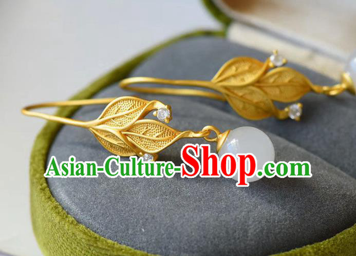 China Traditional Golden Leaf Ear Jewelry Accessories National Cheongsam Jade Bead Earrings