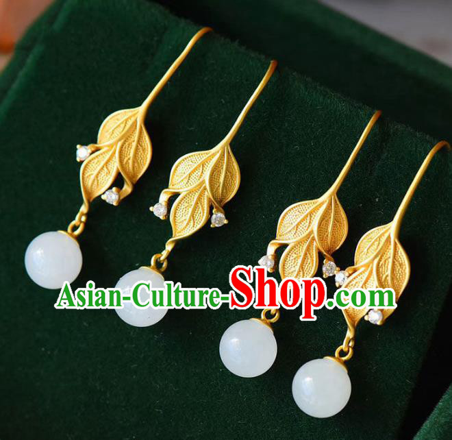 China Traditional Golden Leaf Ear Jewelry Accessories National Cheongsam Jade Bead Earrings