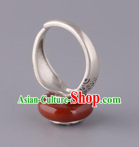 Chinese National Agate Peace Buckle Ring Handmade Jewelry Accessories Classical Silver Carving Circlet