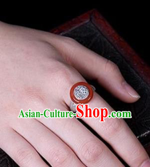 Chinese National Agate Peace Buckle Ring Handmade Jewelry Accessories Classical Silver Carving Circlet