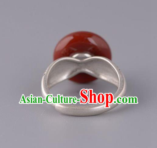 Chinese National Agate Peace Buckle Ring Handmade Jewelry Accessories Classical Silver Carving Circlet