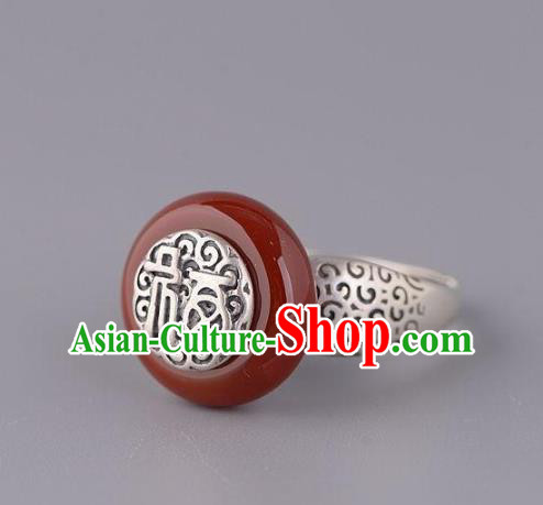 Chinese National Agate Peace Buckle Ring Handmade Jewelry Accessories Classical Silver Carving Circlet