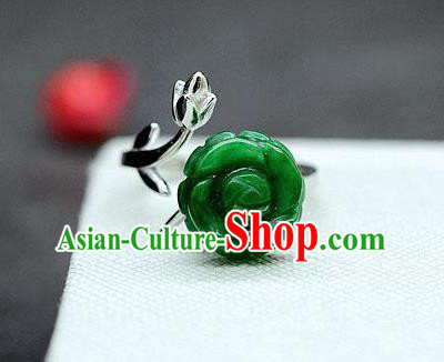 Chinese Classical Silver Circlet Handmade Jewelry Accessories National Jade Rose Ring