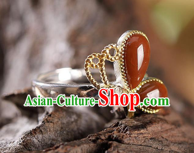 Chinese National Silver Butterfly Ring Handmade Jewelry Accessories Classical Agate Circlet