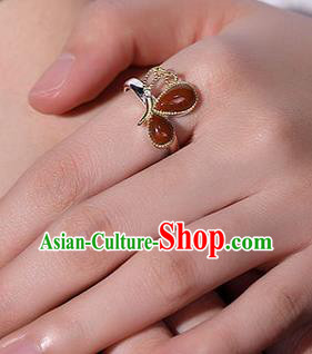 Chinese National Silver Butterfly Ring Handmade Jewelry Accessories Classical Agate Circlet