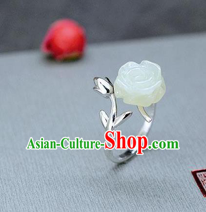 Chinese National White Jade Rose Ring Classical Silver Circlet Handmade Jewelry Accessories