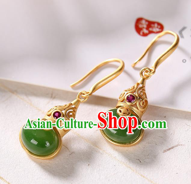 China Traditional Green Jade Ear Jewelry Accessories National Cheongsam Golden Gourd Earrings